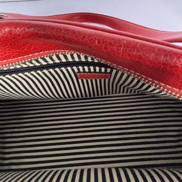 Kate Spade New York "Tomato" Red Pebbled Leather Satchel – Striped Lining - Picture 11 of 11